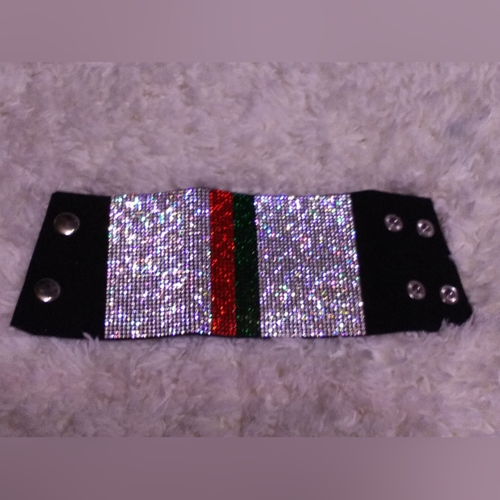 Crystal Rhinestone Wide Belt with Red and Green Stripe